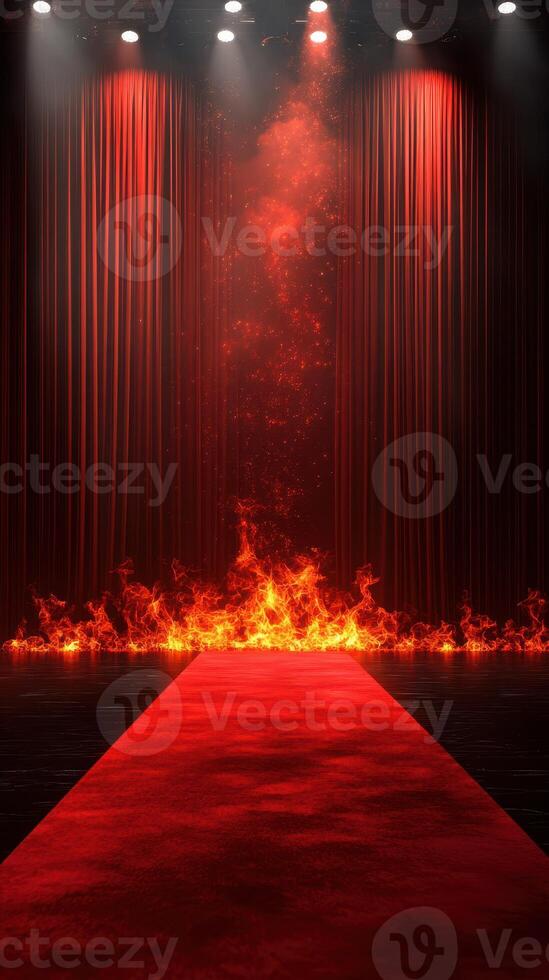 Red carpet pathway illuminated by flames with dark curtains in the background for a dramatic event setting photo