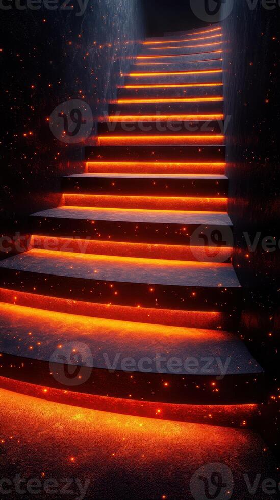 Illuminated staircase with glowing steps leading to an unknown destination in a darkened space photo