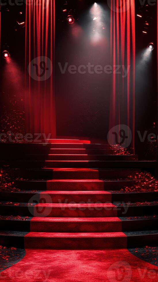 Red carpet stage set for an evening performance with dramatic lighting and rose petals photo