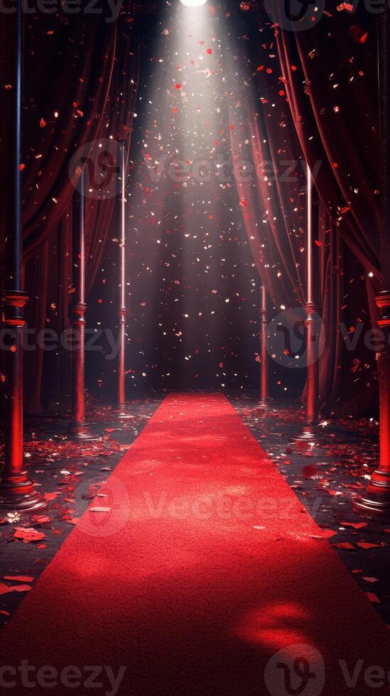 Elegant red carpet entrance adorned with floating rose petals and dramatic lighting in a dimly lit venue during a special event photo