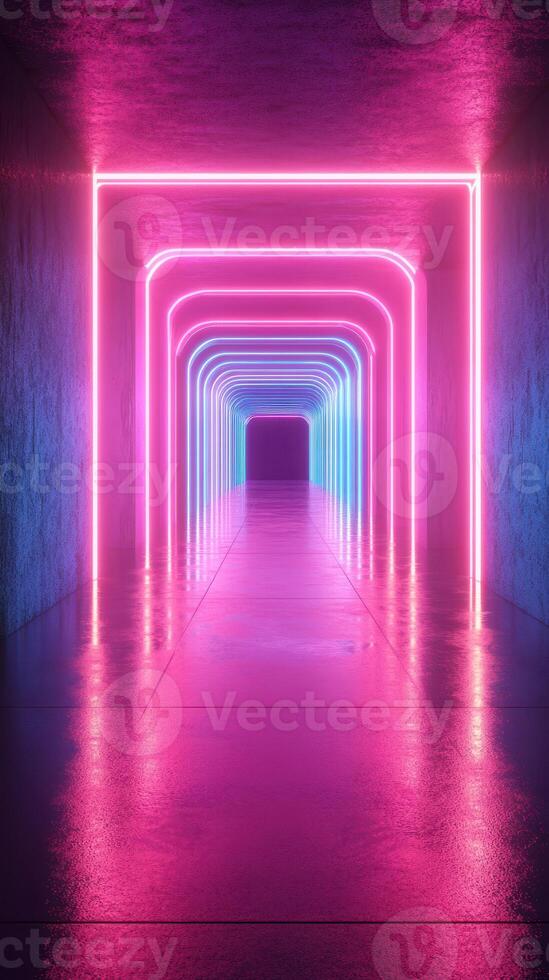Neon tunnel illuminated with vibrant lights creating a captivating ambiance in a modern space at night photo
