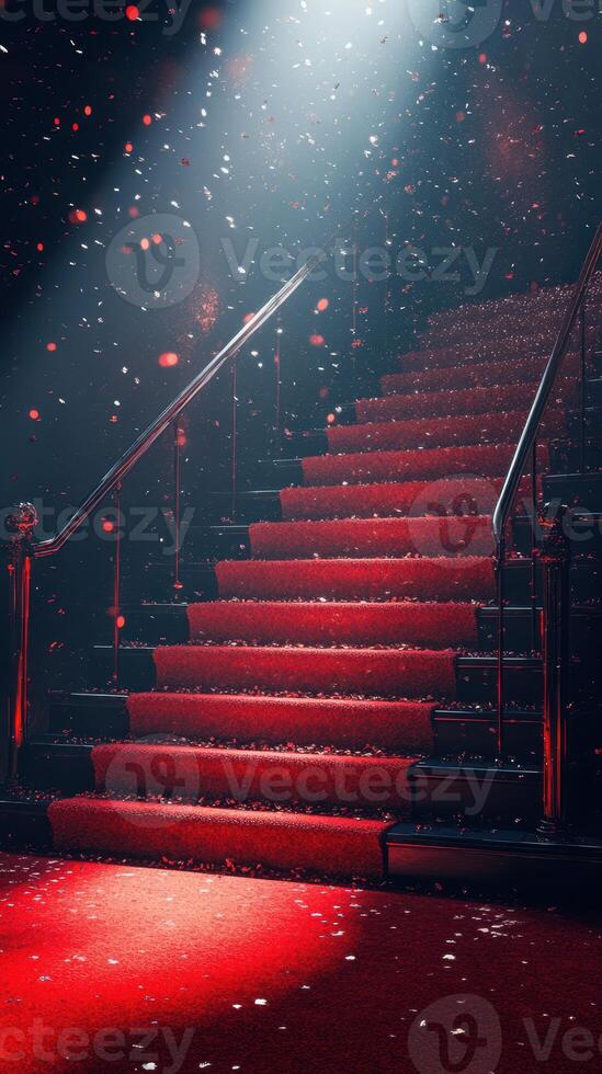 Majestic red carpet staircase adorned with rose petals in a dramatic light setting during an evening gala event photo