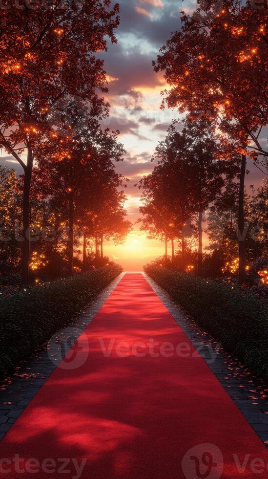 Sunset glow illuminates a red carpet path lined with trees in a tranquil outdoor setting photo