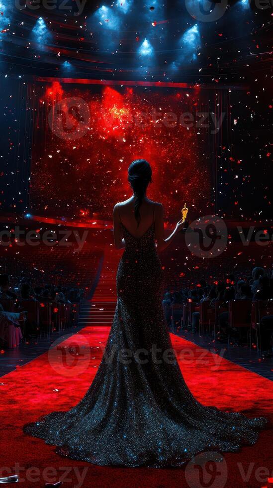 Award ceremony showcases elegance and celebration amidst dazzling lights and red carpet at a prestigious event photo