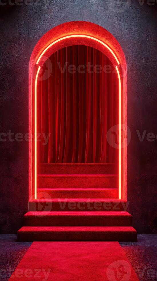 Stunning red arch entrance with illuminated steps and curtains in a dramatic setting photo
