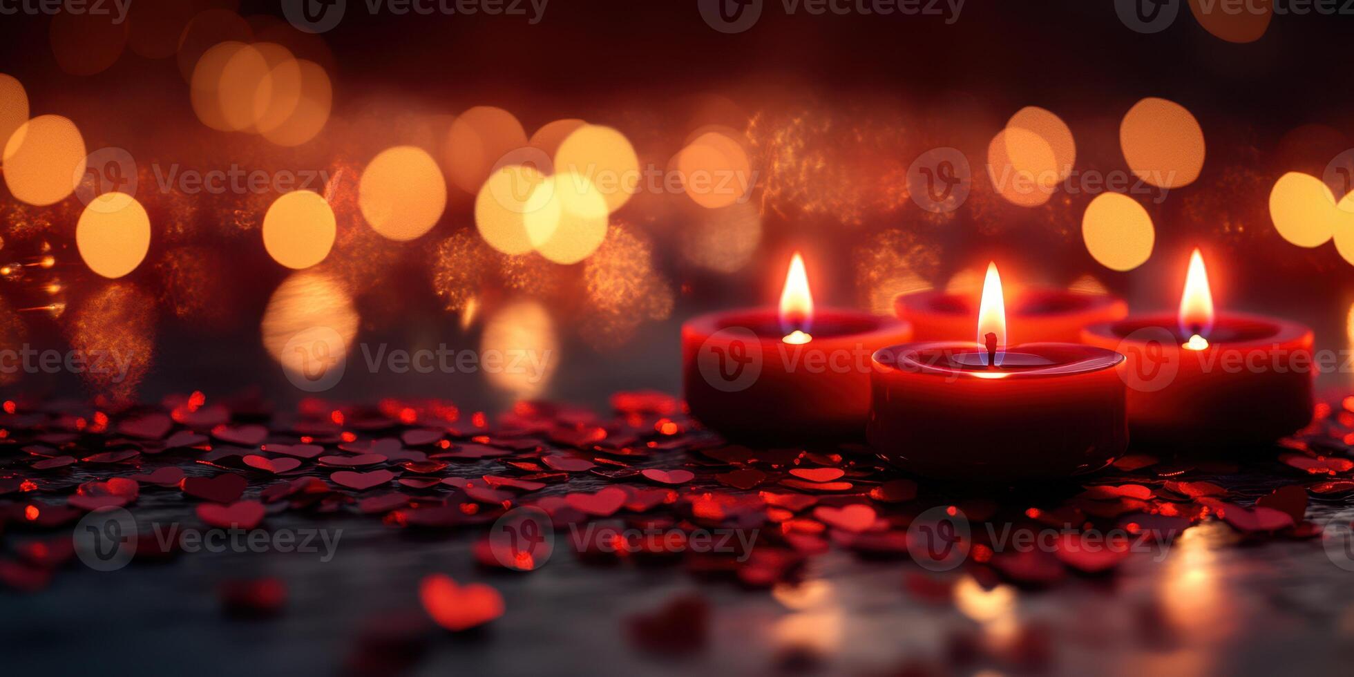 Candles illuminate a romantic setting with heart-shaped confetti and soft bokeh lights during an intimate evening photo