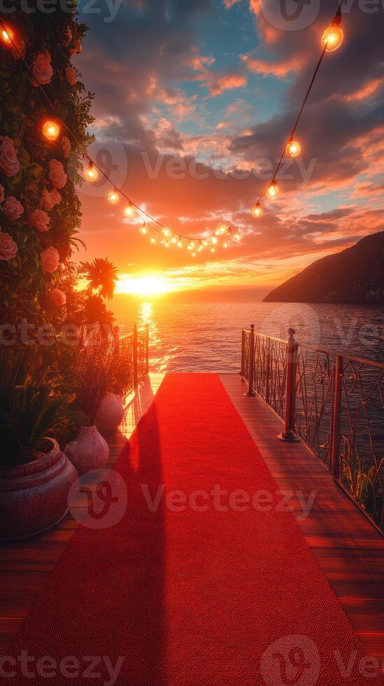 Pathway to the sunset over the ocean with decorative lights and floral arrangements photo