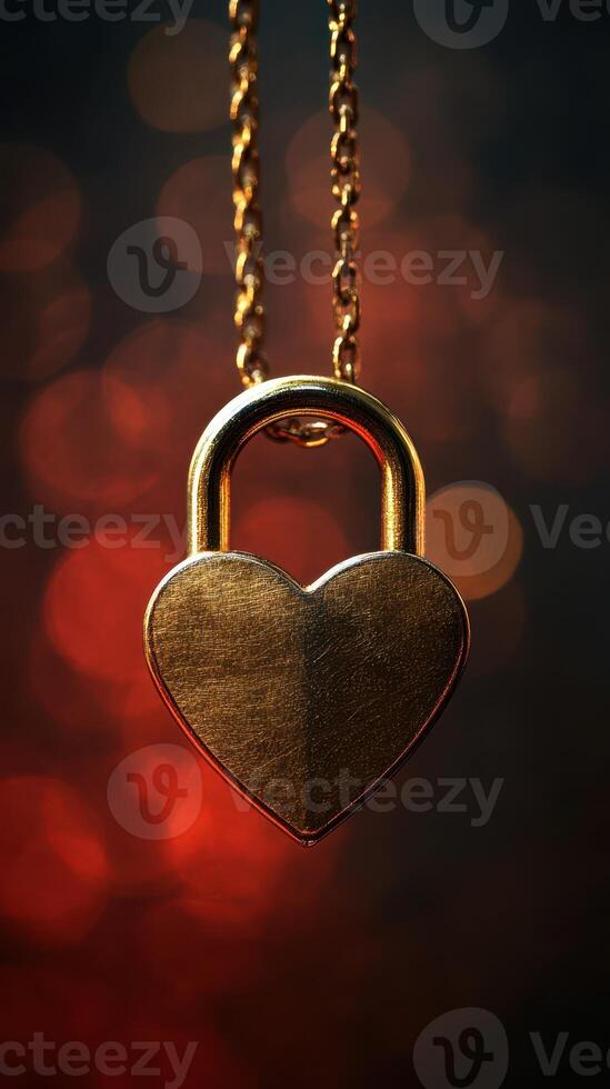 Heart-shaped padlock hangs from a chain against a blurred red background with bokeh lights photo