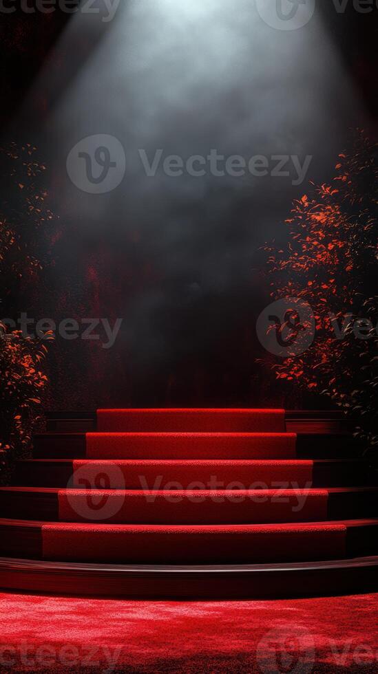 Red carpet stairs illuminated by dramatic lighting create an elegant atmosphere for a prestigious event in a dimly lit venue photo