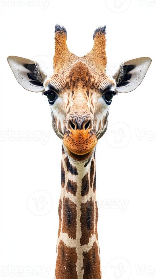 Giraffe stands gracefully against a white background showcasing its long neck and unique pattern photo