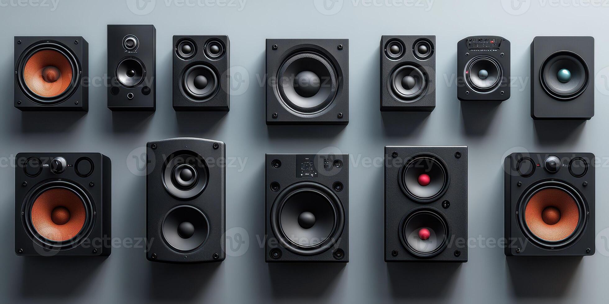Different types of audio speakers arranged on a wall in a modern setting showcasing sound technology and design photo