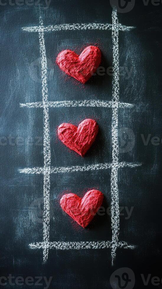 Red chalk hearts arranged in a tic-tac-toe grid on a blackboard background for a creative classroom setting photo