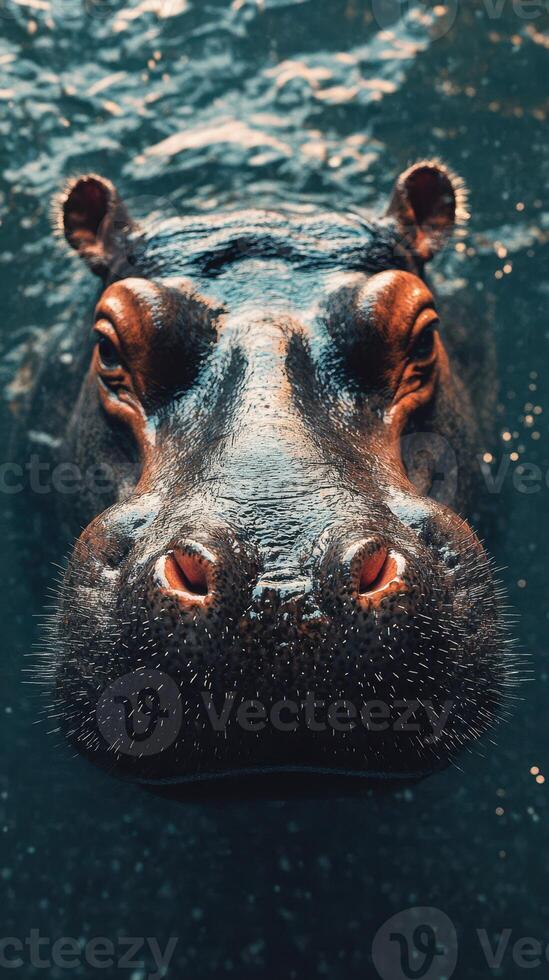 Close-up view of a hippopotamus submerged in water during an afternoon swim photo