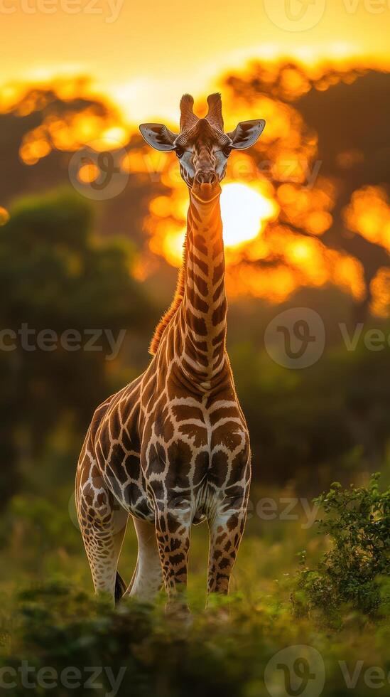 Giraffe standing gracefully in the savannah at sunset surrounded by vibrant nature and warm hues photo