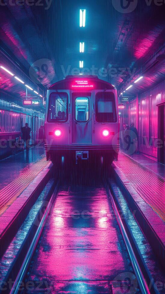 Vibrant subway station at night with neon lights illuminating a train waiting on the platform for passengers photo