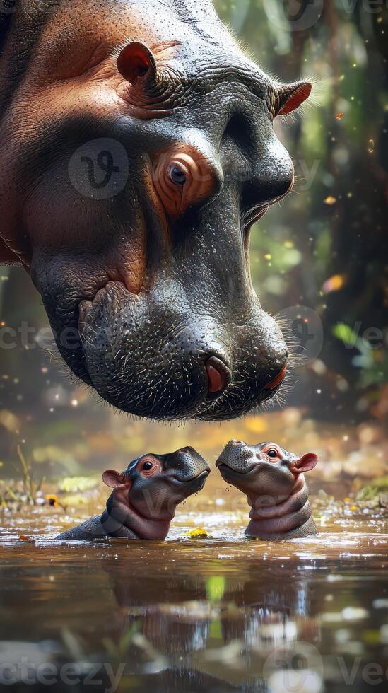 Mother hippo interacting with her two playful calves in a serene wetland setting during the golden hour photo