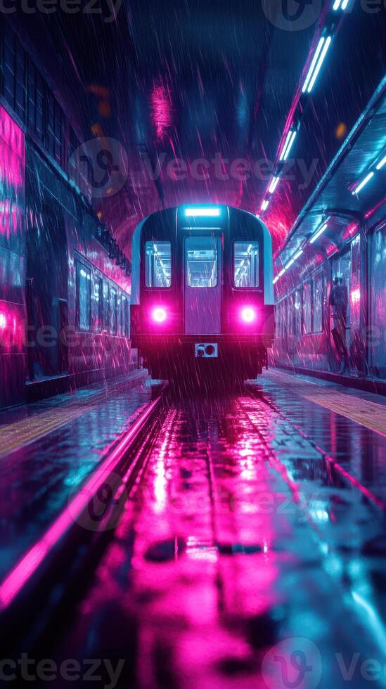 Vivid neon-lit subway platform with rain reflections at night in an urban setting photo