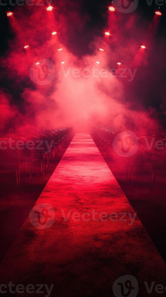 Vibrant red runway with fog prepared for a fashion event at night with dim lights illuminating fabric and seating photo