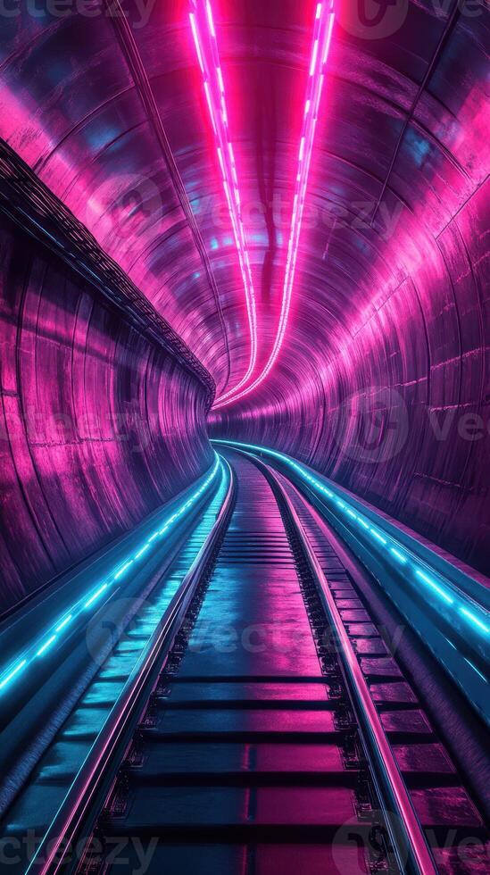 Illuminated railway tunnel featuring vibrant pink and blue lights in an urban setting photo