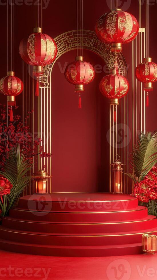 Festive red stage adorned with lanterns and floral decorations for cultural celebration in a warm atmospheric setting photo