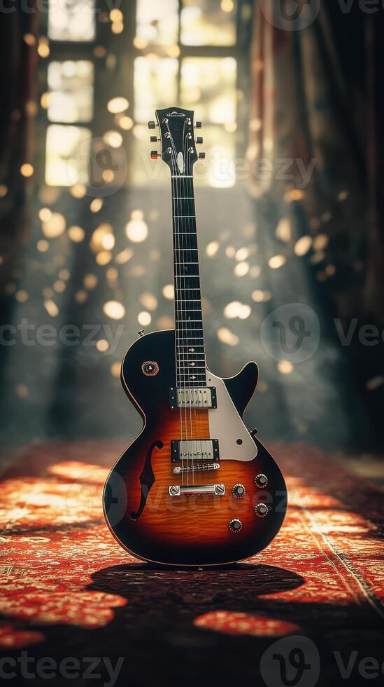 Beautiful electric guitar on a vibrant carpet illuminated by soft light in an atmospheric setting photo