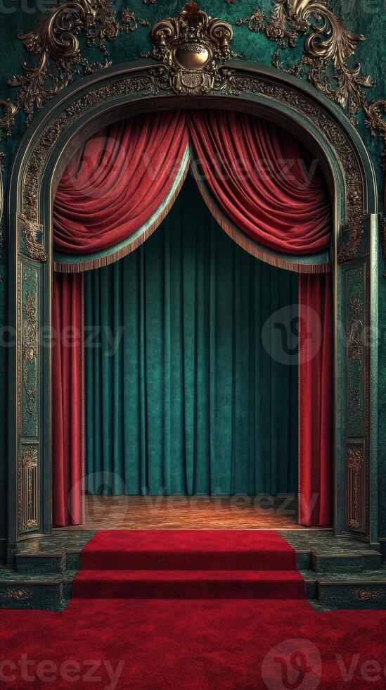 Elegant theater stage with deep red curtains and a rich green backdrop for performances photo