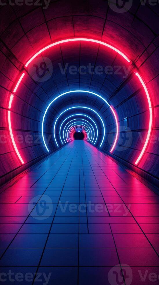 Vibrant neon lights illuminate modern tunnel in urban area at night creating a futuristic atmosphere photo