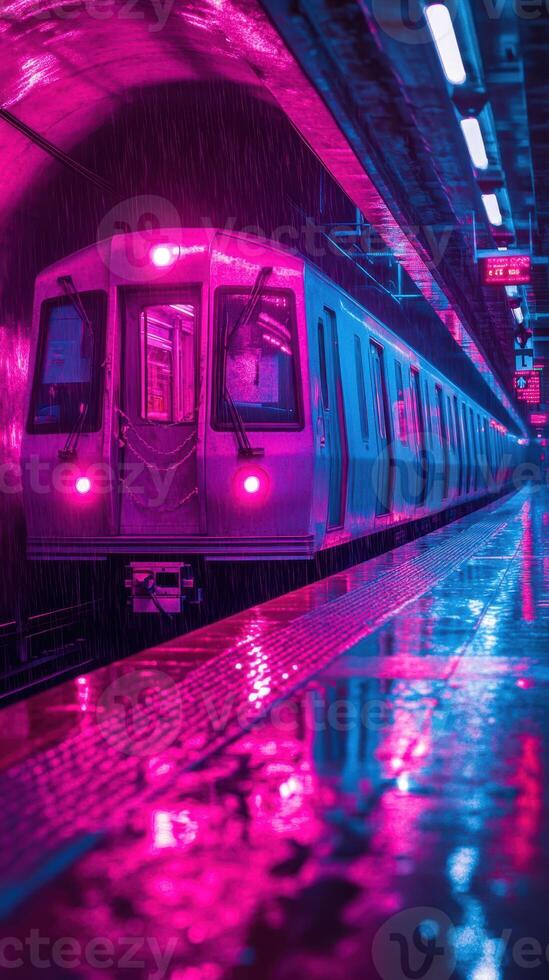 Urban subway train illuminated in vibrant pink hues waits at the platform during a rainstorm at night photo