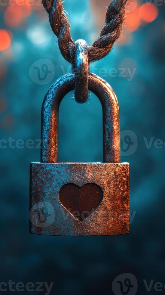 Heart-shaped lock hanging on a rope with a blurred colorful background in a dimly lit setting photo