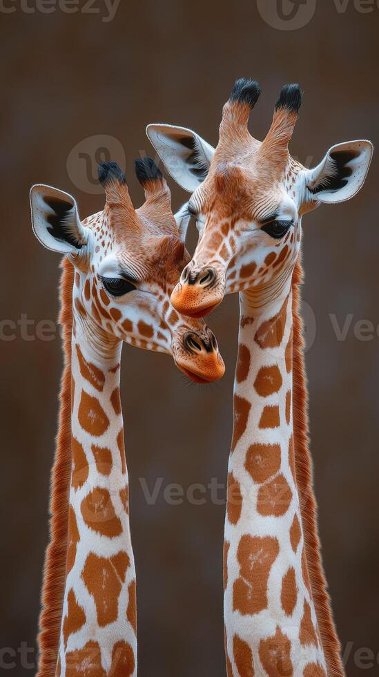 Two giraffes engage in a gentle interaction while standing close together in a warm-toned environment during a sunny day photo