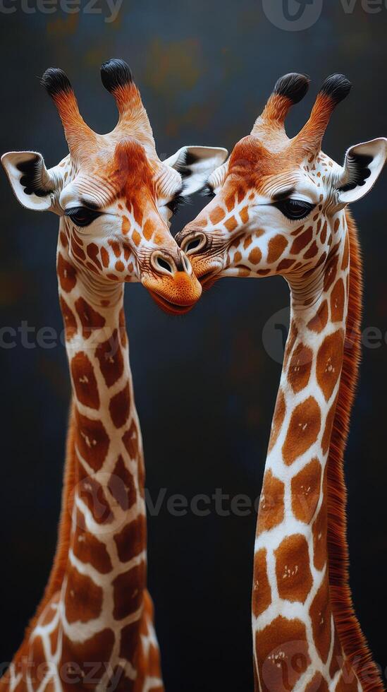 Giraffes greet each other affectionately in a close-up encounter against a dark backdrop photo