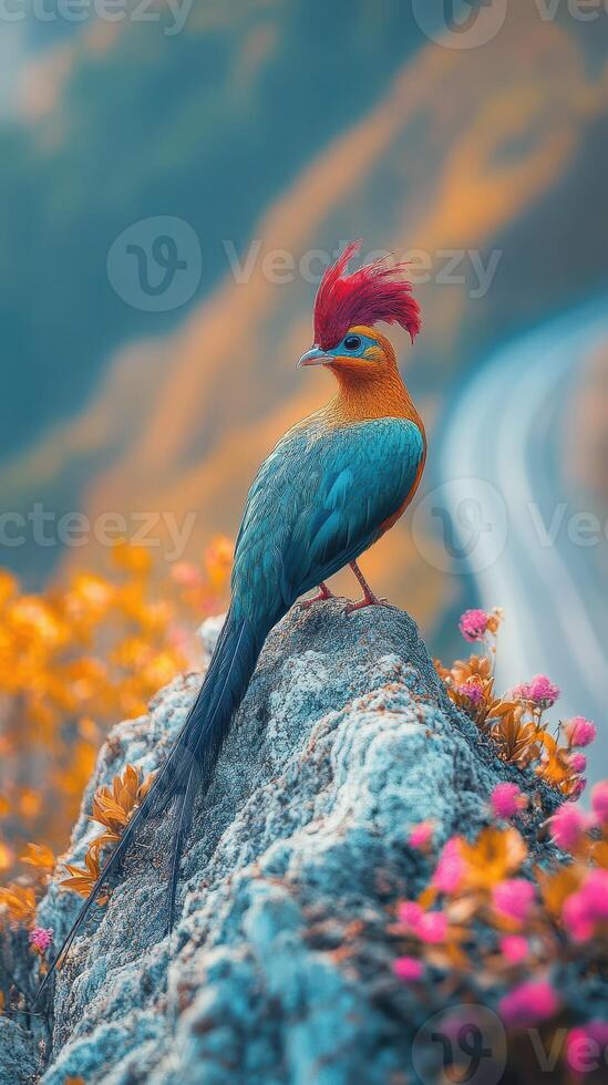 Colorful bird perched on a rock with vibrant flowers and a winding road in the background during golden hour photo