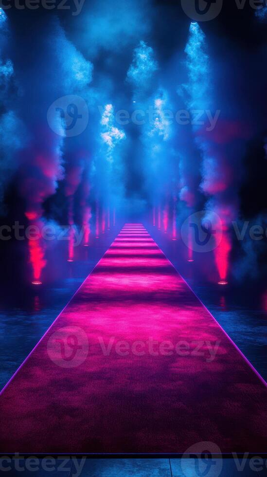 Illuminated pathway lined with fog and vibrant lights creates a dramatic atmosphere for an event photo