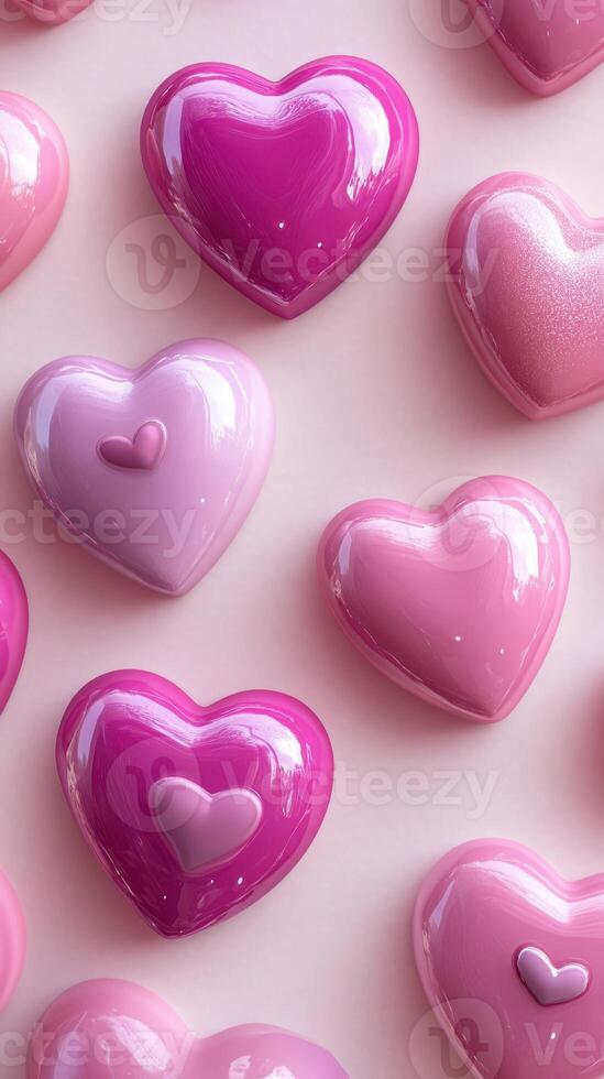 Colorful heart-shaped decorations in various shades of pink arranged on a pastel background for festive occasions photo