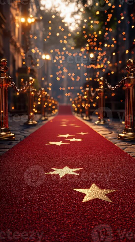 Elegant red carpet path lined with golden stanchions and twinkling lights at an evening event in a festive street photo