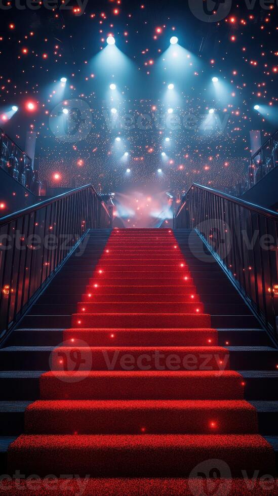 Stunning red carpet staircase illuminated by dazzling lights in an expansive venue photo