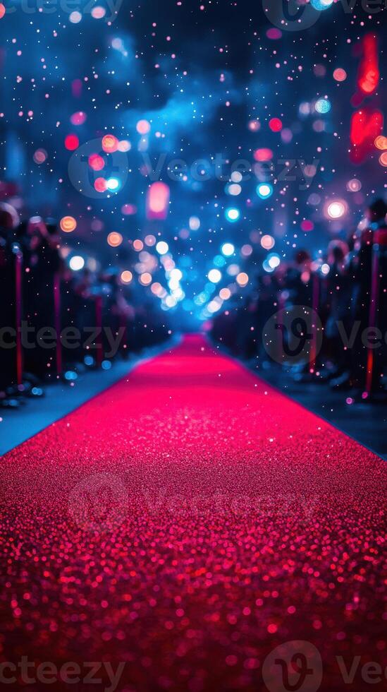 Lively red carpet event in a city with vibrant lights and a festive atmosphere during the night photo