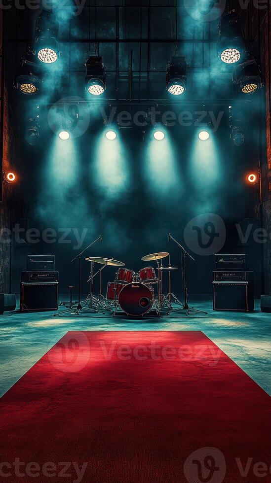 Drum set awaits performance on a stage illuminated by dramatic lights and surrounded by fog photo