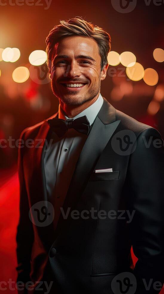 Elegant man in tuxedo smiles confidently at an evening gala event with warm ambient lighting photo