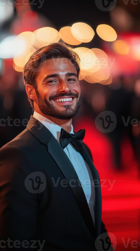 Smiling man in a tuxedo on a red carpet event during the evening with blurred lights in the background photo
