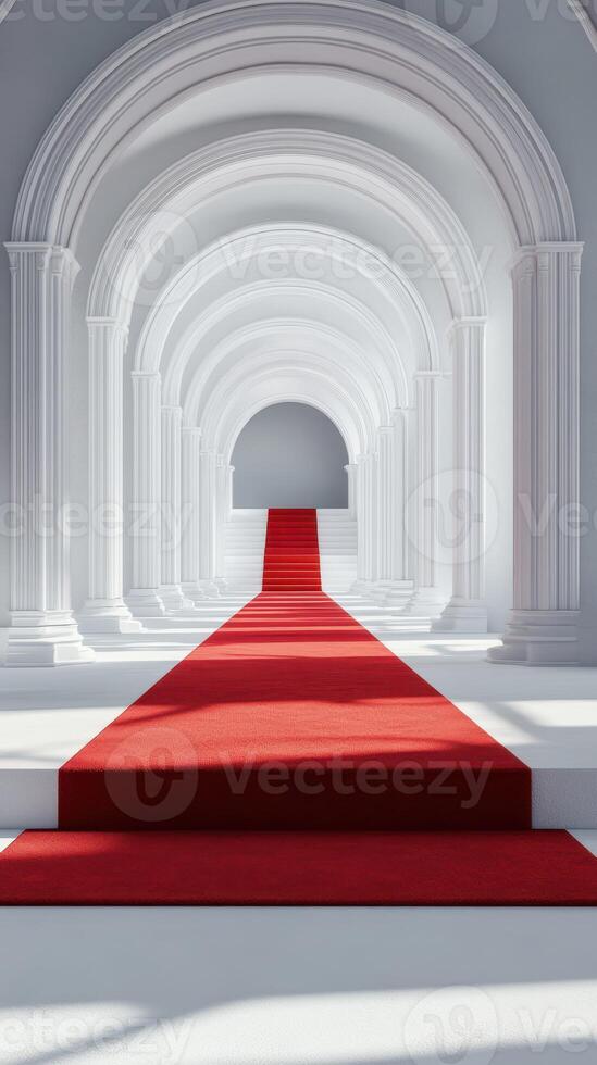Elegant red carpet leading through a series of white arches in a grand hall setting photo