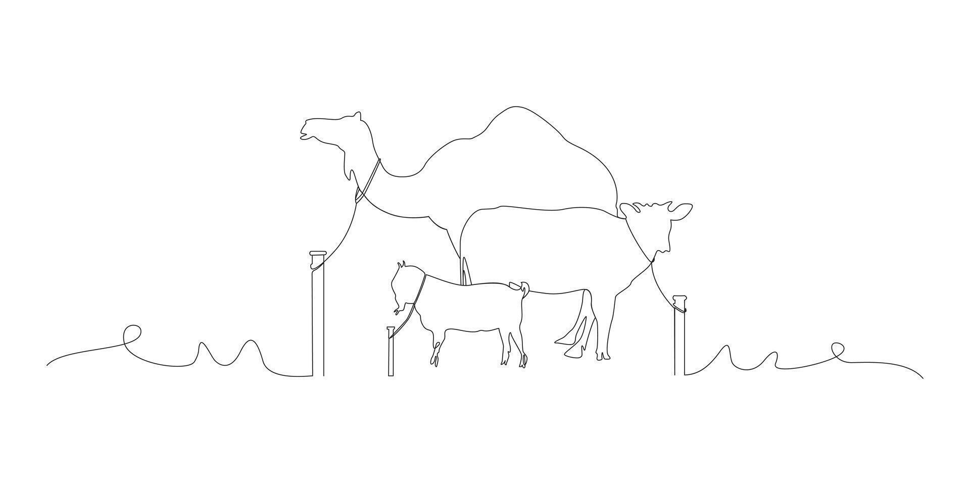 Continuous line of Eid Al Adha banner design. Cow, goat, camel background for Muslim Community Festival. Eid Al Adha in doodle one line style. vector