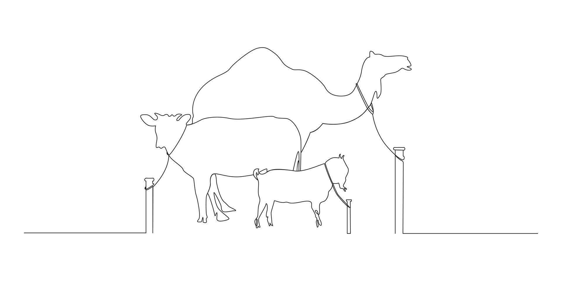 Continuous doodle one line style of Eid Al Adha banner design. Cow, goat, camel background for Muslim Community Festival. vector