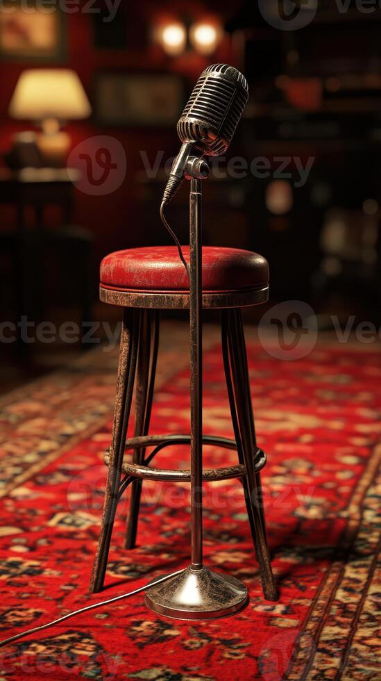 Vintage microphone on a wooden stool surrounded by warm lights in a cozy venue during an evening music session photo