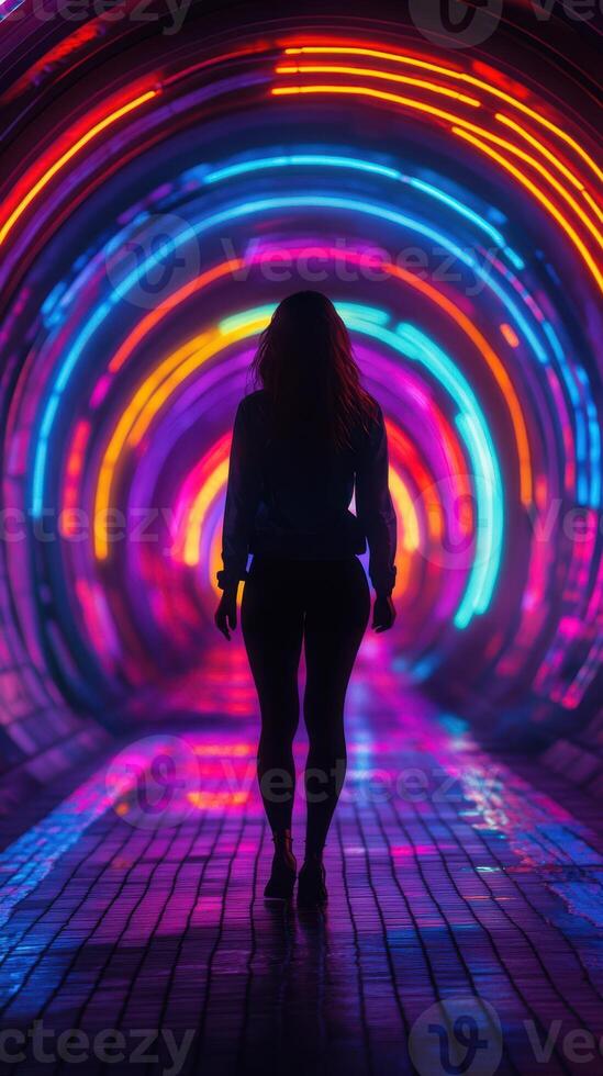 Colorful neon lights illuminate a tunnel as a silhouetted figure walks through vibrant hues at night photo
