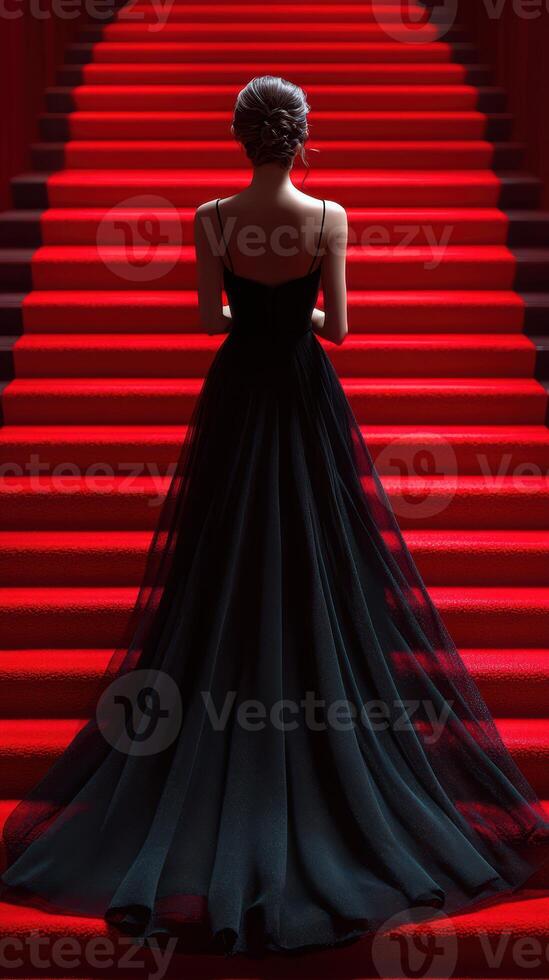 Elegant woman in black gown stands on red carpeted stairs in a dramatic setting during an evening event photo