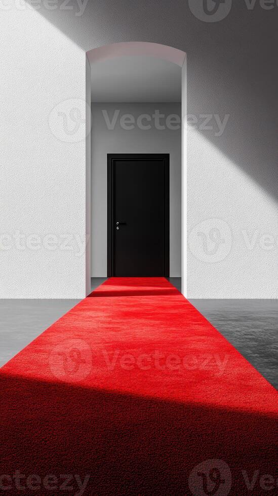 Red carpet leading to a black door in a minimalist architectural space with natural light photo