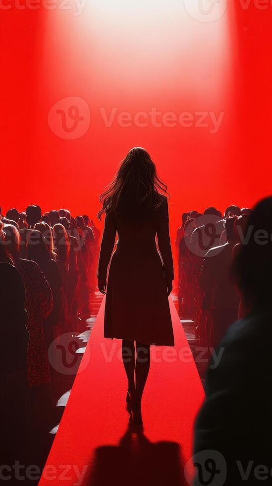 Bold fashion show with vibrant red lights illuminating the runway and a model walking confidently among a captivated audience photo