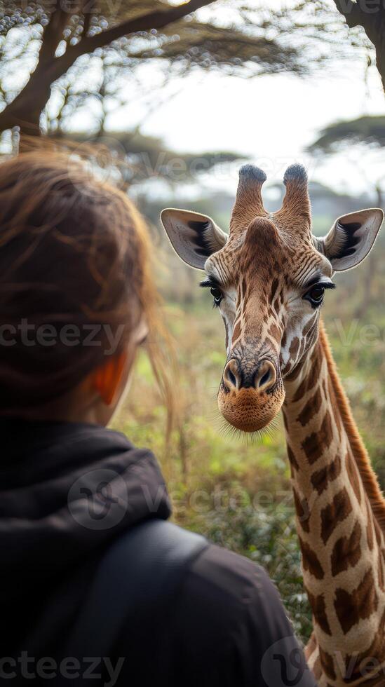 Close encounter with a curious giraffe in a wildlife reserve during morning hours photo
