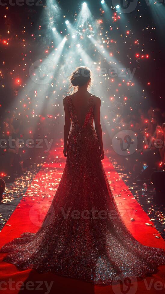 Elegant model showcasing a stunning red gown on a vibrant runway during a glamorous fashion event at night photo